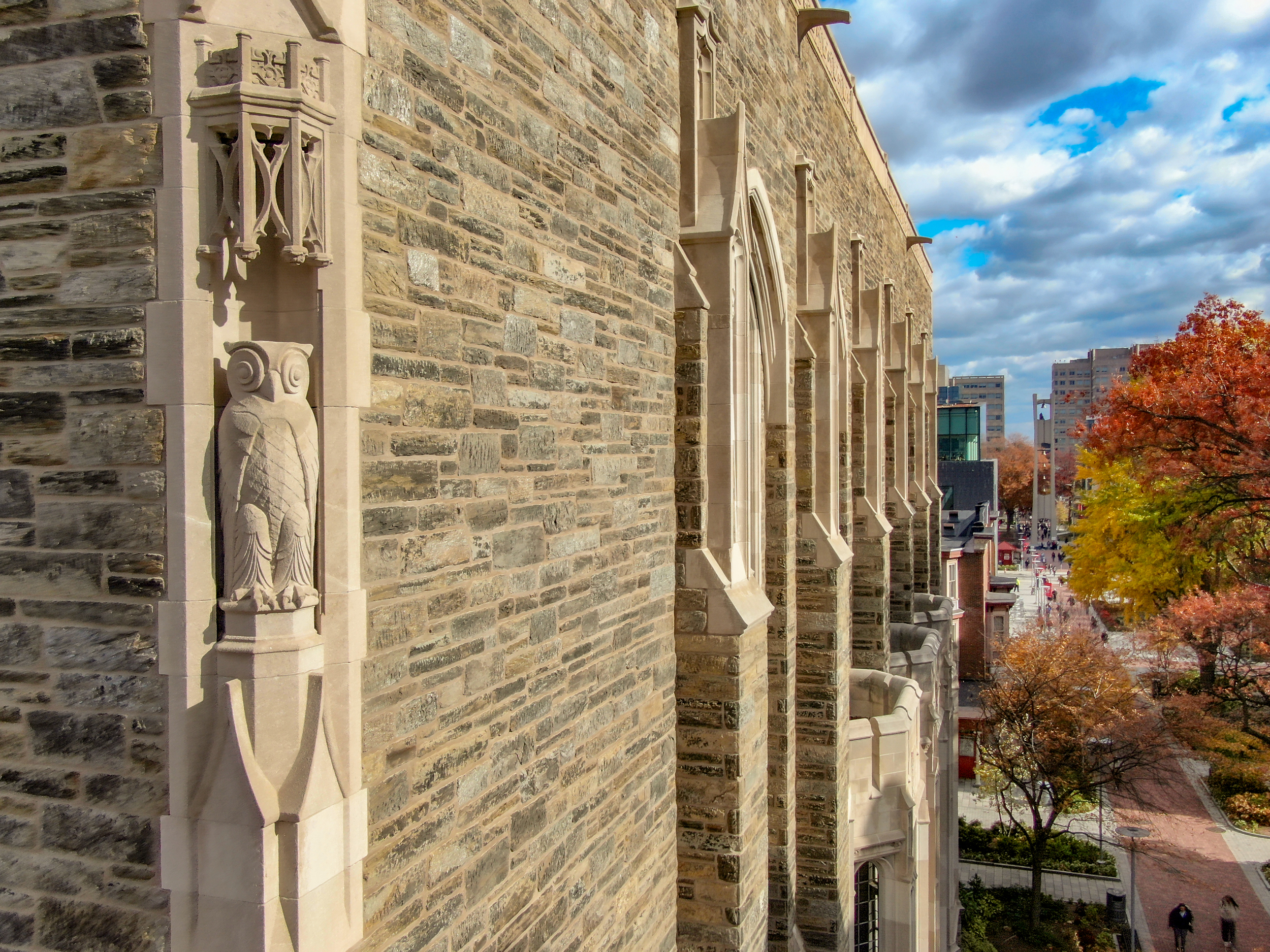 Owl statue outside of Mitten Hall